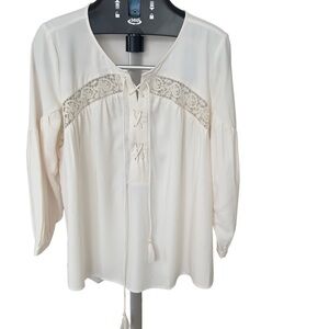 Loft Ivory Oversized Lace Crochet Cutout Balloon Sleeve Peasant Top Blouse Sz M